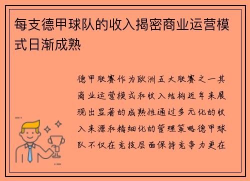 每支德甲球队的收入揭密商业运营模式日渐成熟